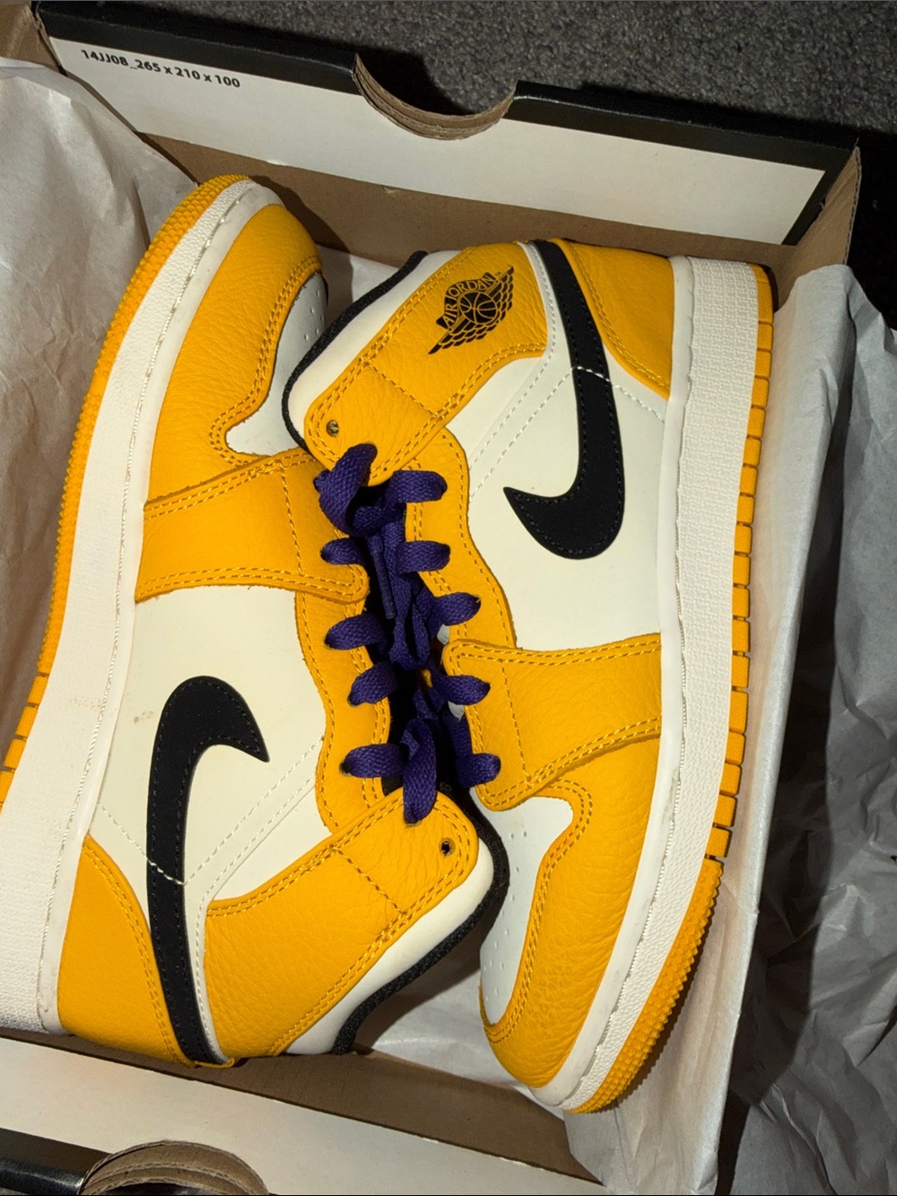 Jordan Kids' Sneakers in Yellow, White, Black with Purple Laces